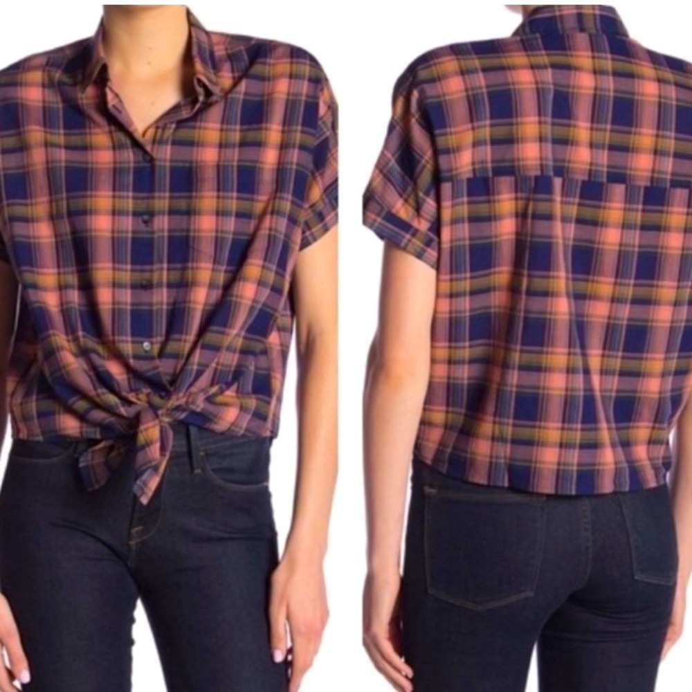 MADEWELL Junipero Plaid Front Tie Knot Button Down Shirt Cropped Top XS